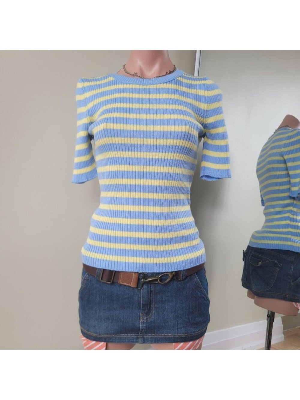 Trendyol Blue &amp; Yellow Knit Striped Short Sleeve Sweater (M)